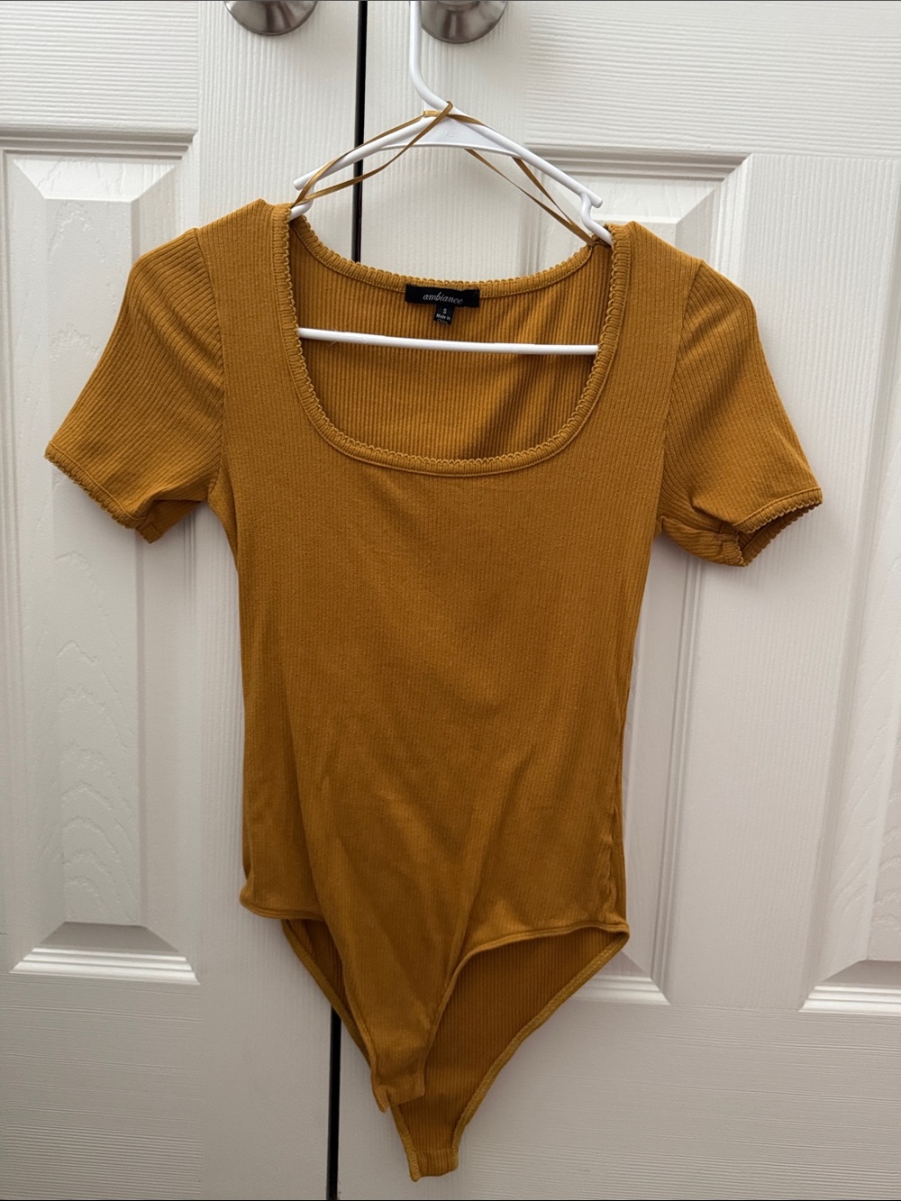 Ambiance Mustard Ribbed Scoop Neck Short Sleeve Bodysuit